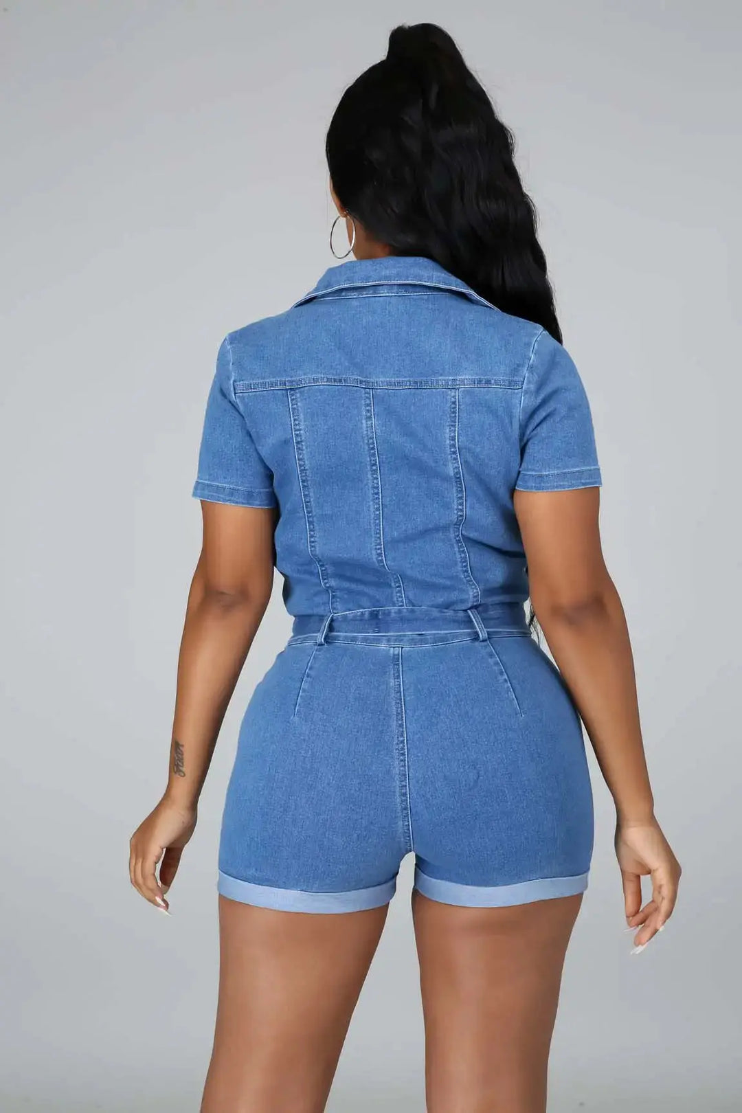 FASON DE VIV Judy Zipper Front Denim Shorts Romper – Back View 