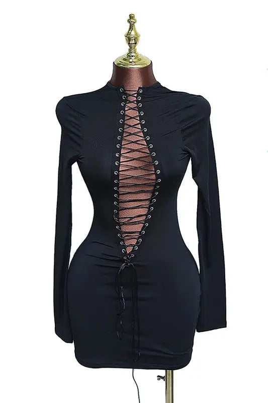 Lace Up Detailed Long Sleeve Mini Dress