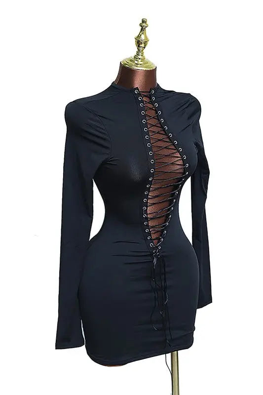 Lace Up Detailed Long Sleeve Mini Dress