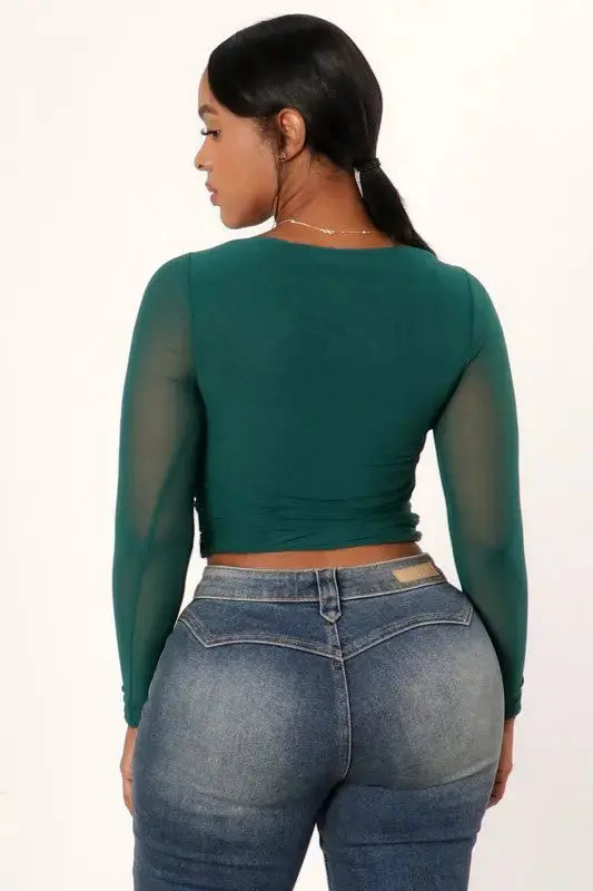 Long Sleeve Ruched Double Mesh Crop Top in Green, Size L -FASON DE VIV 
