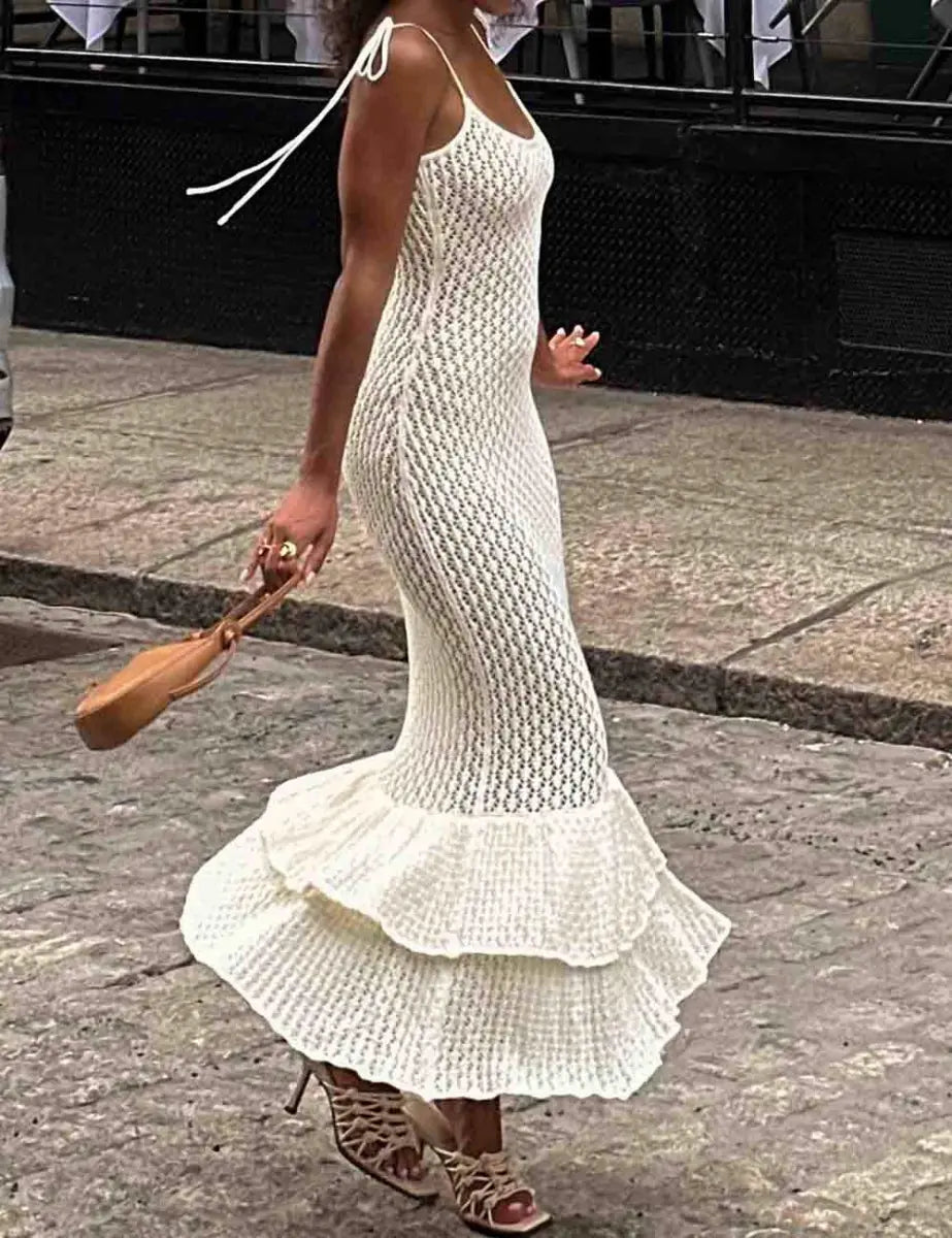 Luxe Crochet Ruffle - Hem Midi Dress - Fason De Viv