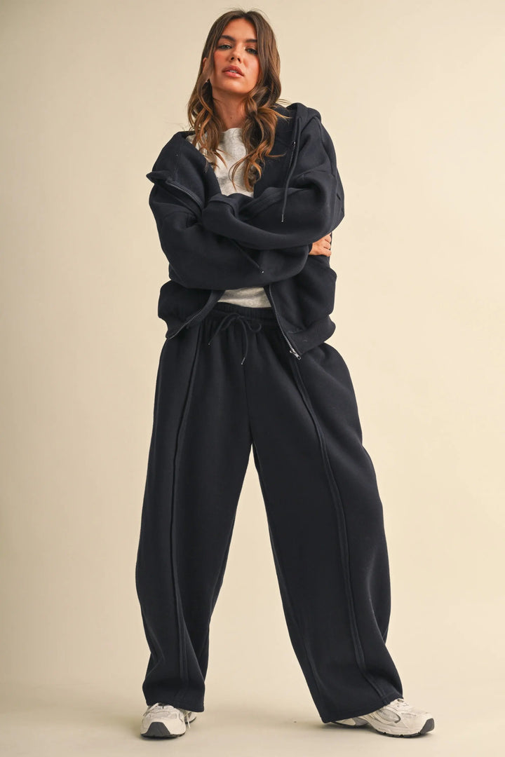 Navy Oversized Zip-Up Hoodie &amp; Straight-Leg Pants Set - Fason De Viv