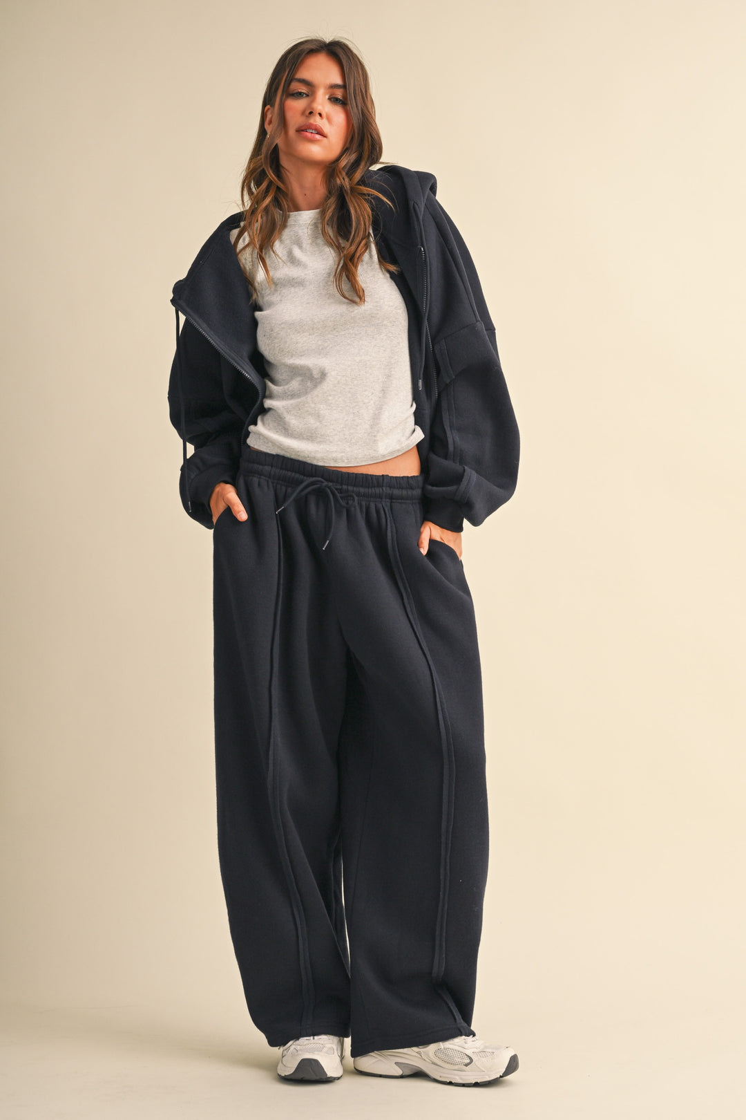 Navy Oversized Zip-Up Hoodie &amp; Straight-Leg Pants Set - Fason De Viv