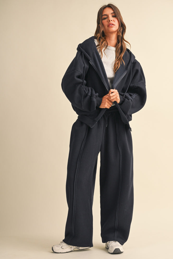 Navy Oversized Zip-Up Hoodie &amp; Straight-Leg Pants Set - Fason De Viv