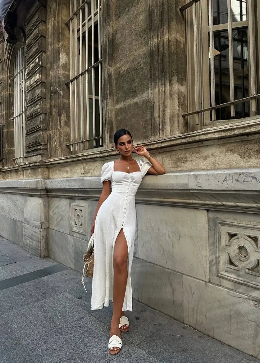 Noir Casual Slit Midi Dress exudes classic charm with a square neckline - Fason De Viv