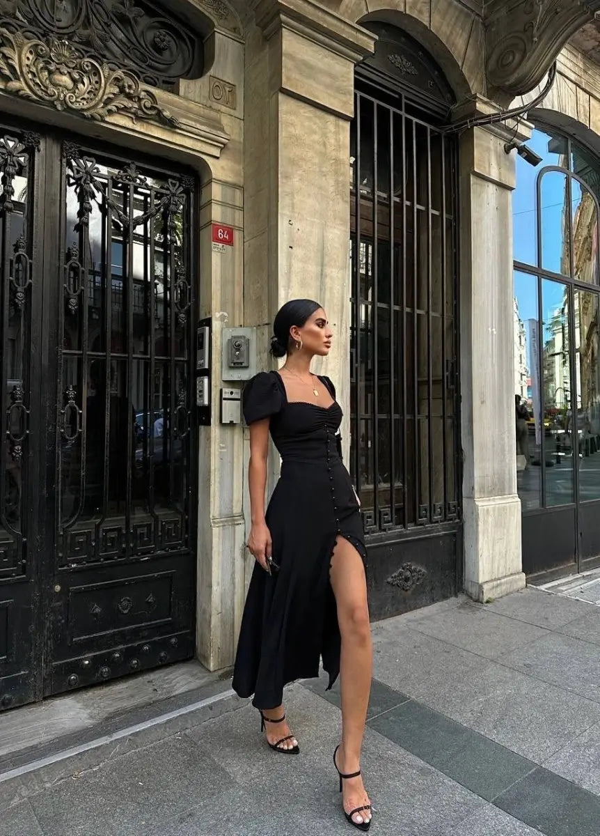 Noir Casual Slit Midi Dress exudes classic charm with a square neckline - Fason De Viv