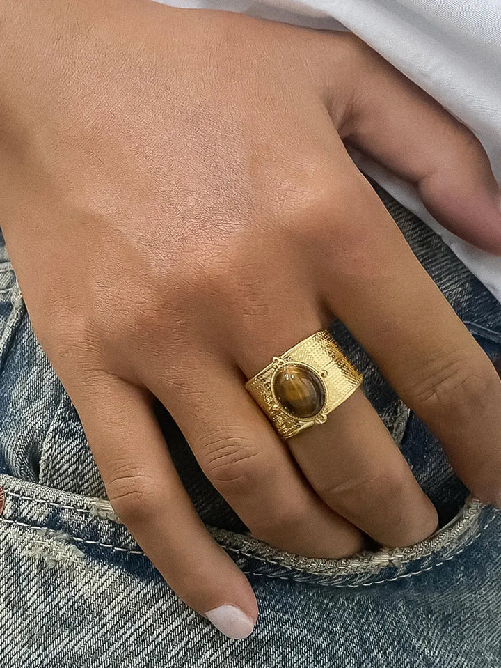 Oasis 18K Gold Non-Tarnish Stone Bold Adjustable Ring - Rings from Flânerie by MAIQ