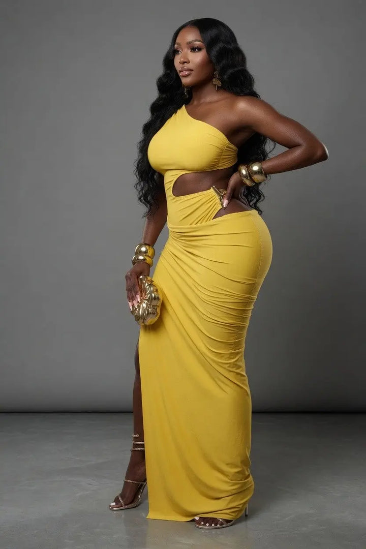 One shoulder cutout side maxi dress in yellow styled with heels