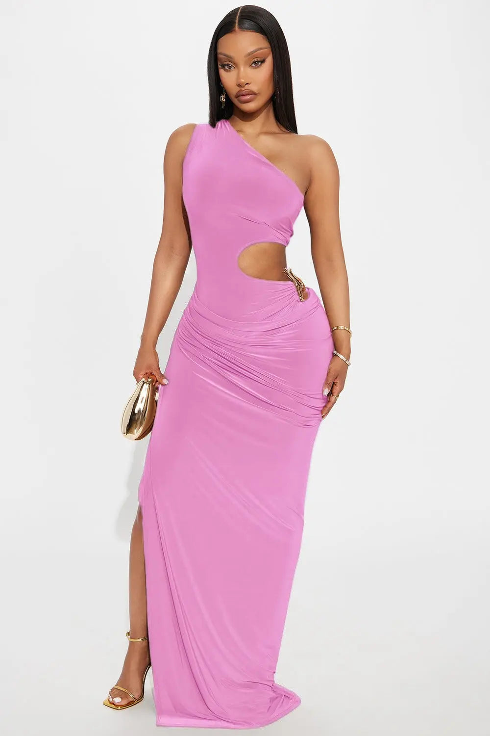 Pink one shoulder cutout side maxi dress full length front view