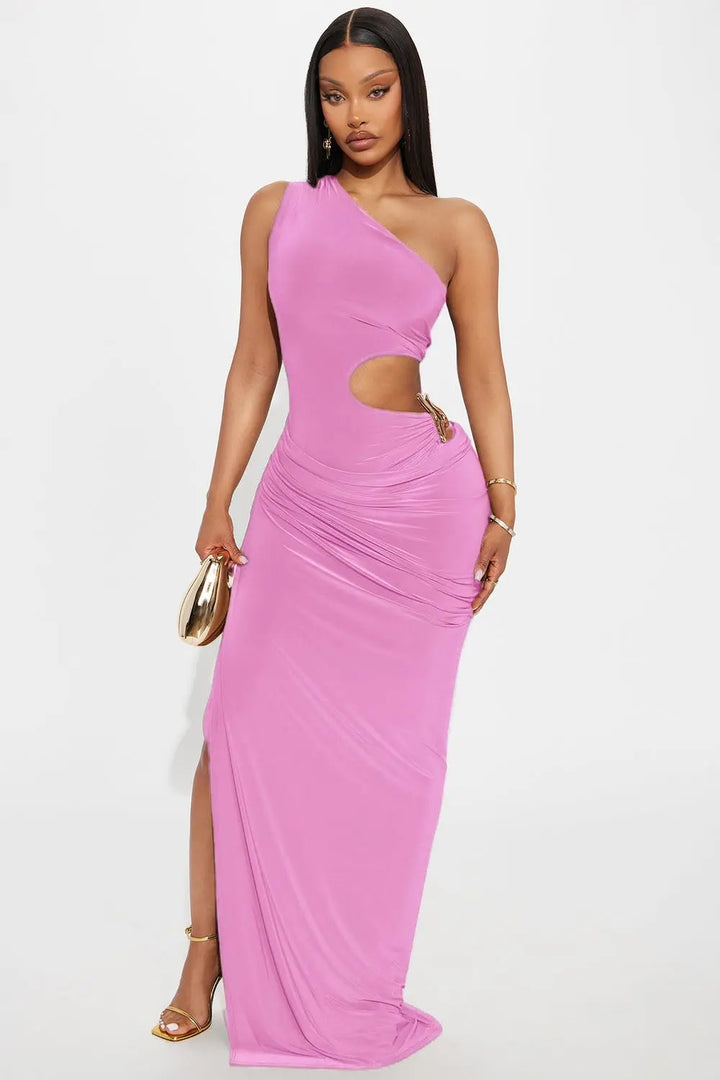 Pink one shoulder cutout side maxi dress full length front view