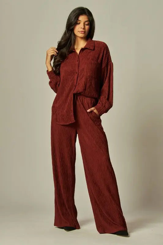 Plisse Button Down Shirt Loungewear Set - Fason De Viv