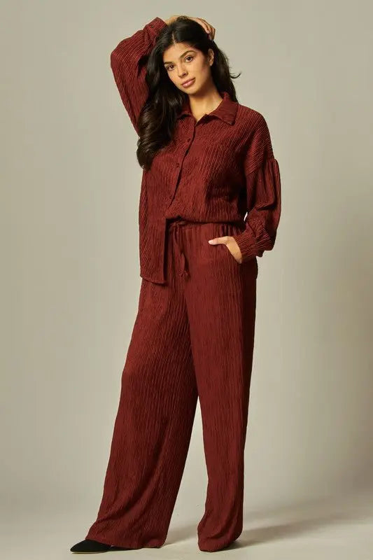 Plisse Button Down Shirt Loungewear Set - Fason De Viv