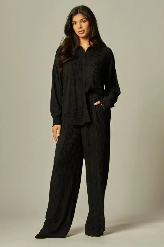 Plisse Button Down Shirt Loungewear Set - Fason De Viv