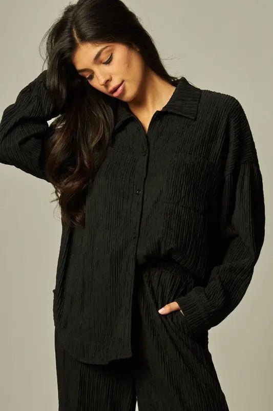 Plisse Button Down Shirt Loungewear Set - Fason De Viv