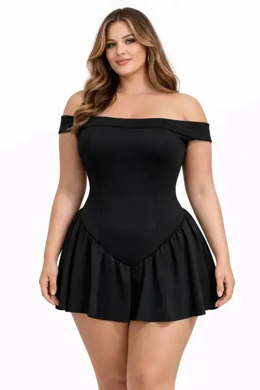 Plus Size Mini Black Dress – Off Shoulder Stretch - Dresses from FASON DE VIV