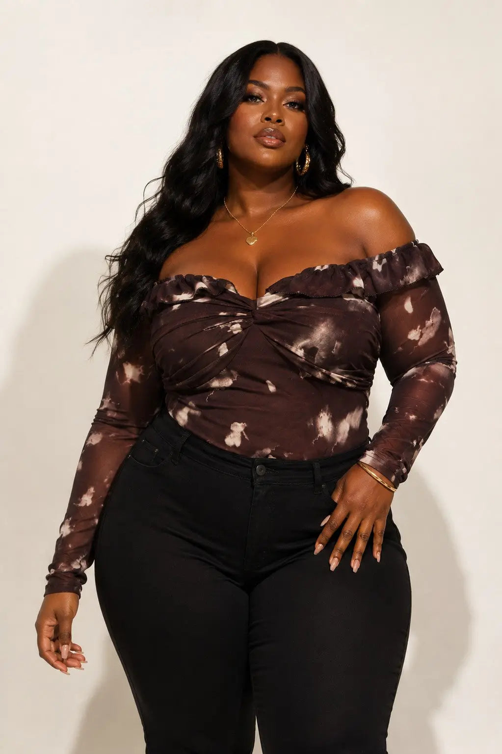 Plus Size Off Shoulder Mesh Twist Top – Brown Floral Print -  Top Fason De Viv