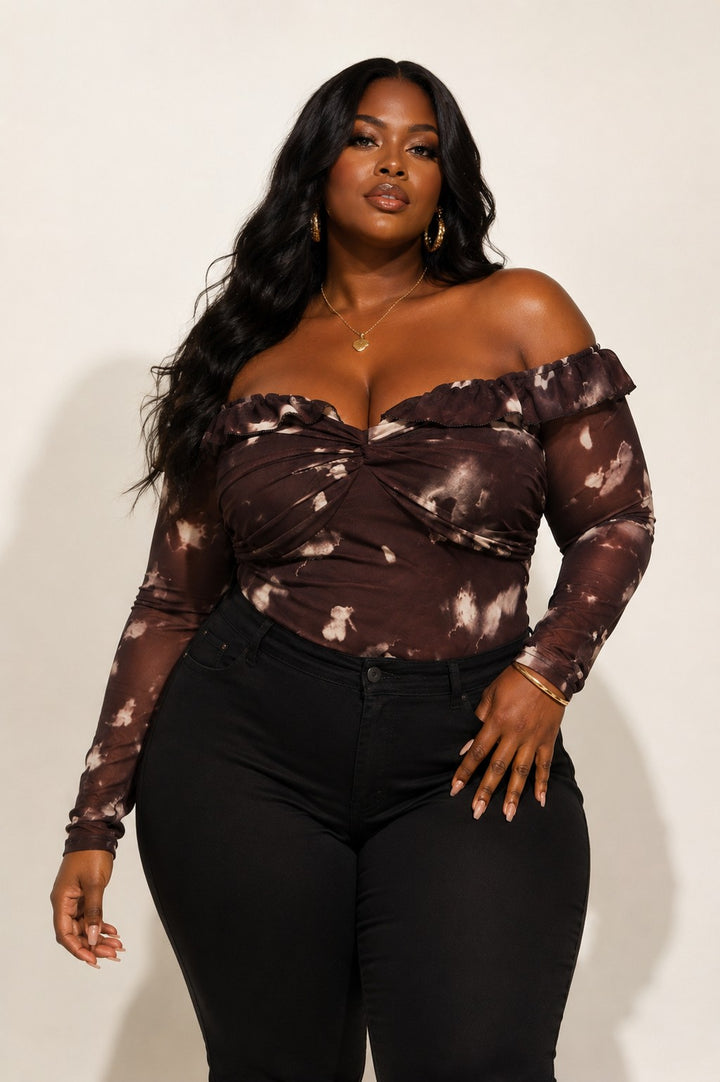 Plus Size Off Shoulder Mesh Twist Top – Brown Floral Print