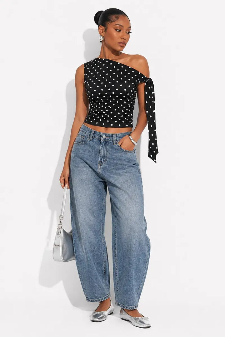 Asymmetrical Polka Dot One Shoulder Top
