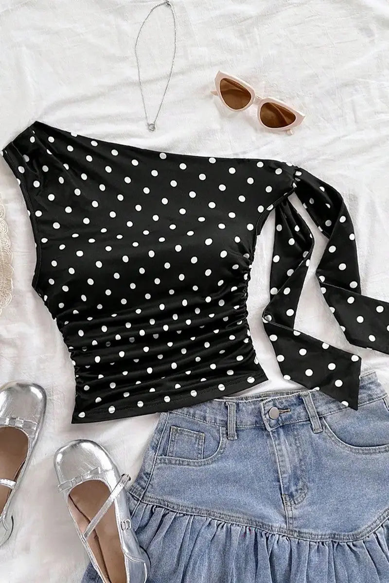 Asymmetrical Polka Dot One Shoulder Top