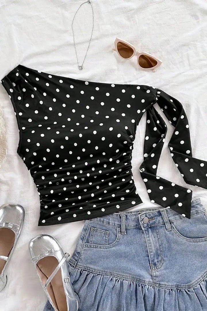 Asymmetrical Polka Dot One Shoulder Top