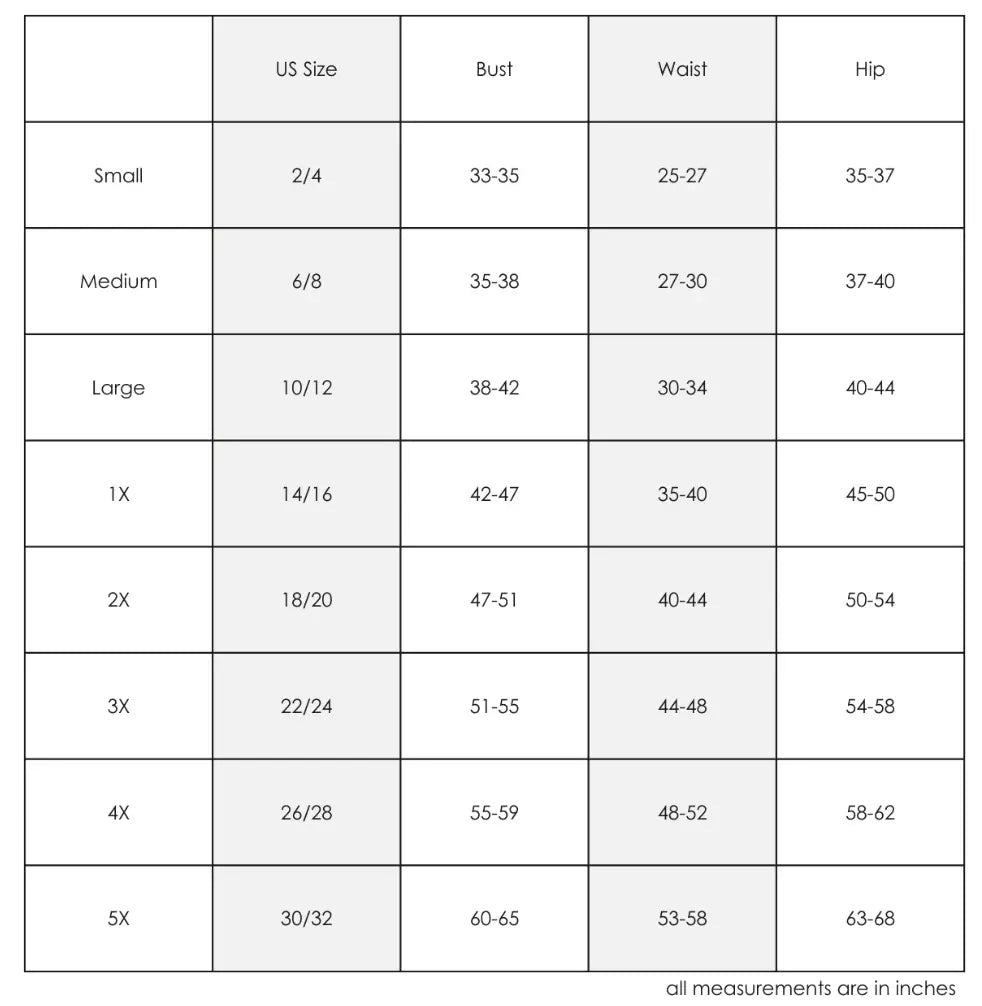 REDDOLLS size chart table with columns labeled US Size, Bust, Waist, and Hip, showing measurements for Small, Medium, Large, 1X, 2X, 3X, 4X, 5X, and a note at the bottom that all measurements are in inches.