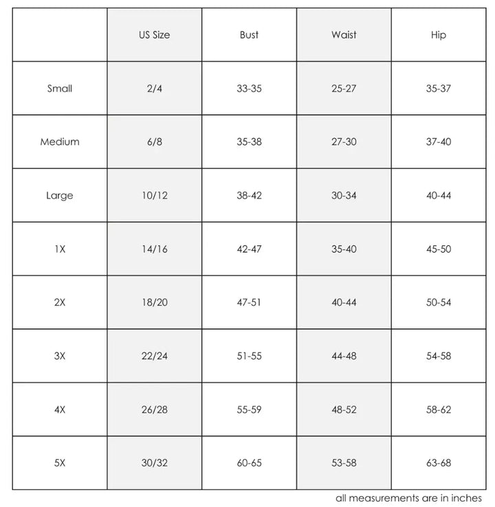 REDDOLLS size chart table with columns labeled US Size, Bust, Waist, and Hip, showing measurements for Small, Medium, Large, 1X, 2X, 3X, 4X, 5X, and a note at the bottom that all measurements are in inches.