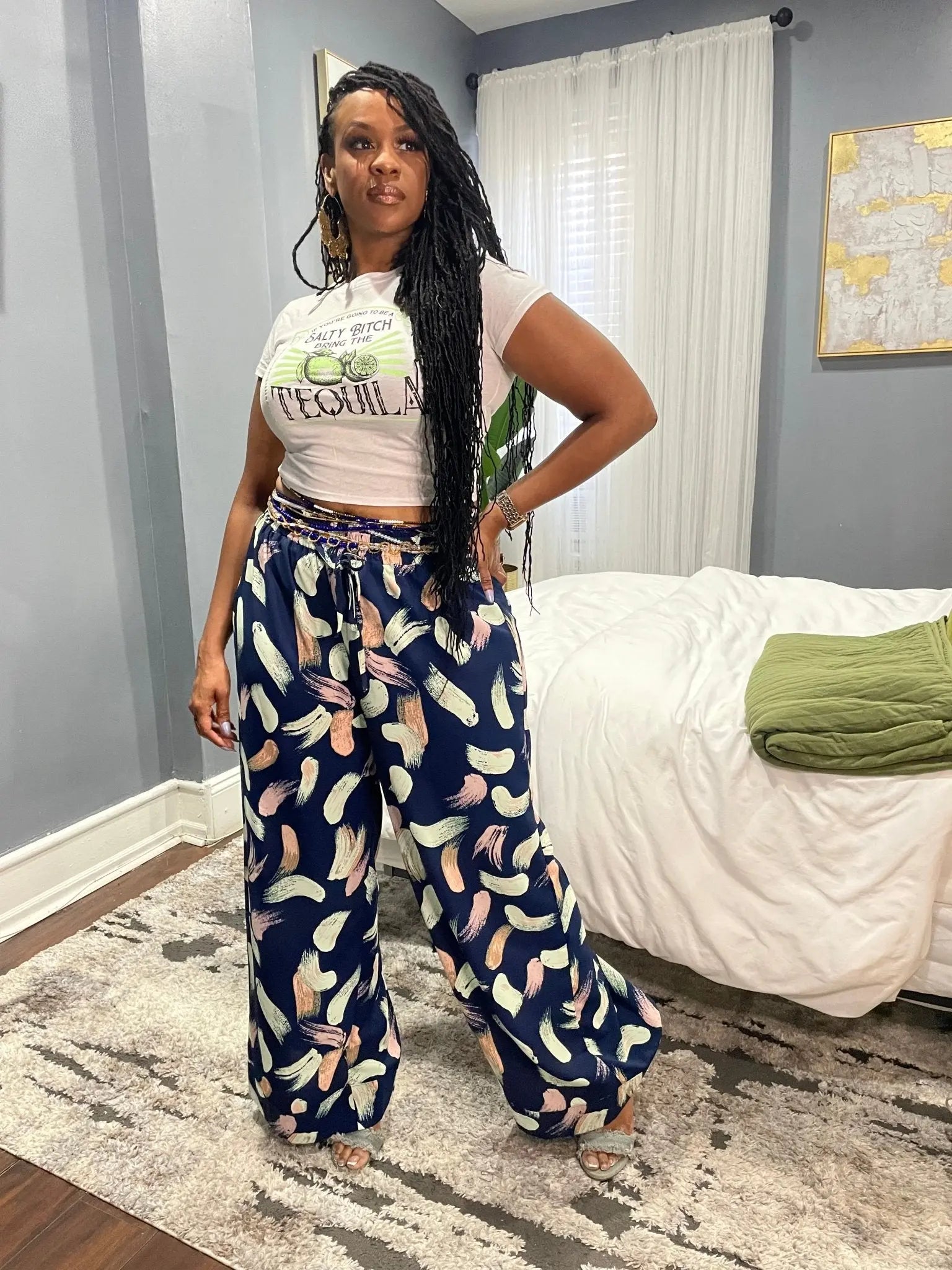 Posh Nina Raw Hem Printed Wide Leg Pants - Navy - Fason De Viv