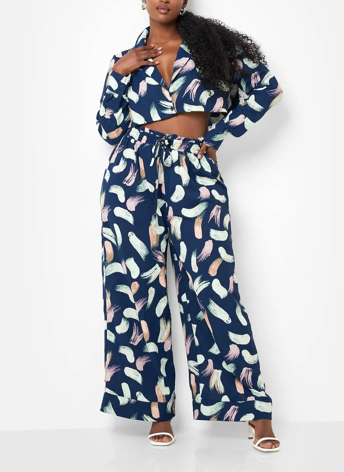Posh Nina Raw Hem Printed Wide Leg Pants - Navy - Fason De Viv