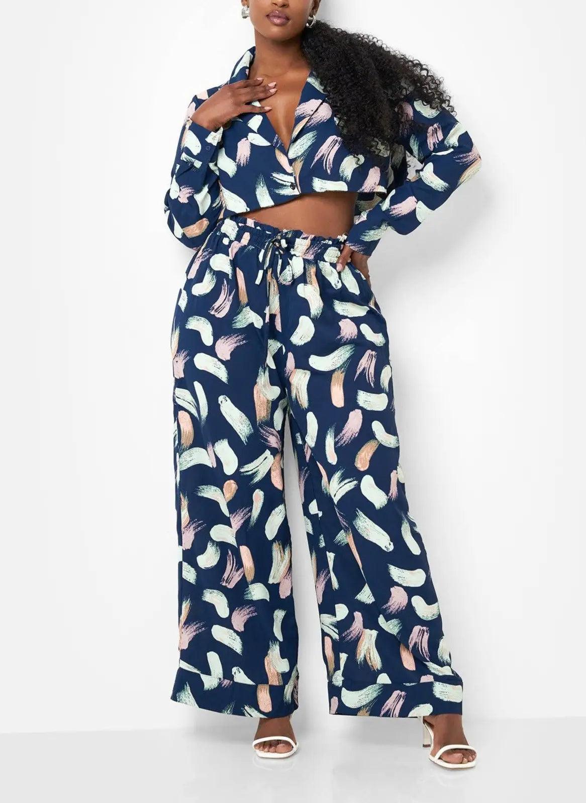 Posh Nina Raw Hem Printed Wide Leg Pants - Navy - Fason De Viv