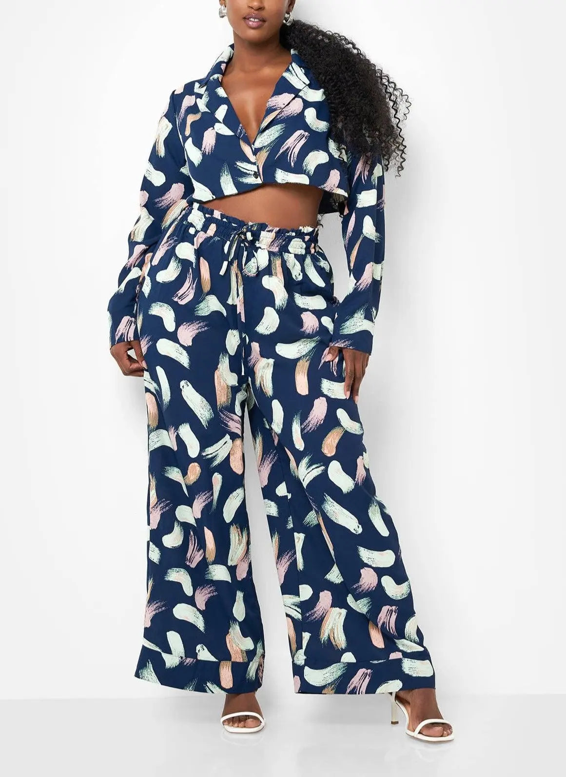 Posh Nina Raw Hem Printed Wide Leg Pants - Navy - Fason De Viv