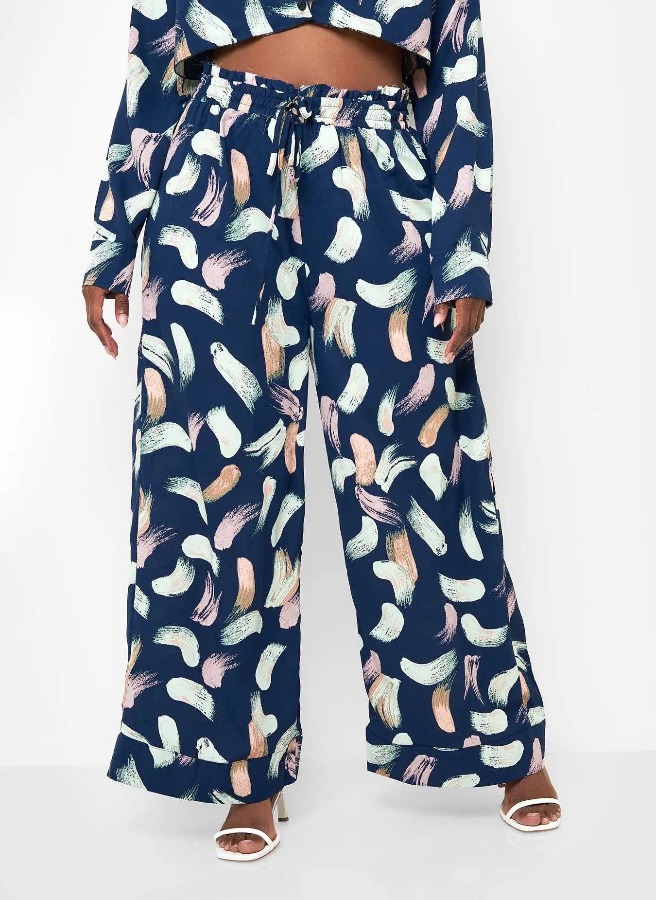 Posh Nina Raw Hem Printed Wide Leg Pants - Navy - Fason De Viv
