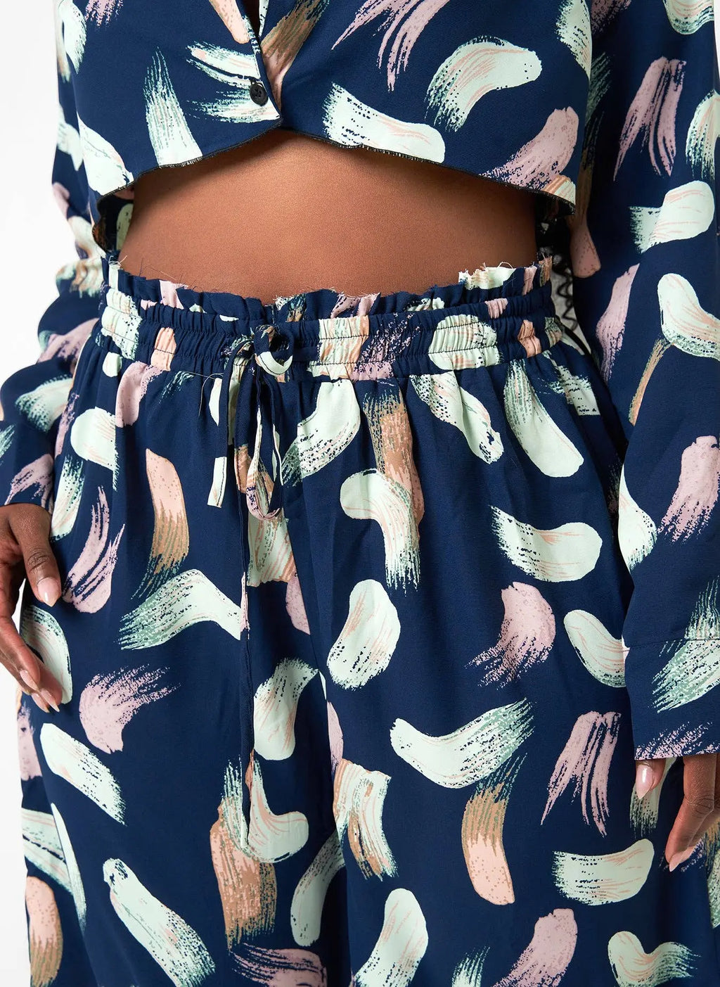 Posh Nina Raw Hem Printed Wide Leg Pants - Navy - Fason De Viv