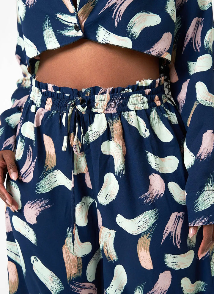 Posh Nina Raw Hem Printed Wide Leg Pants - Navy - Fason De Viv