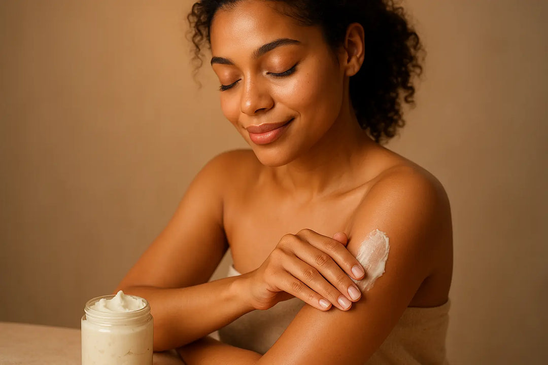 woman adding shea butter to her skin 