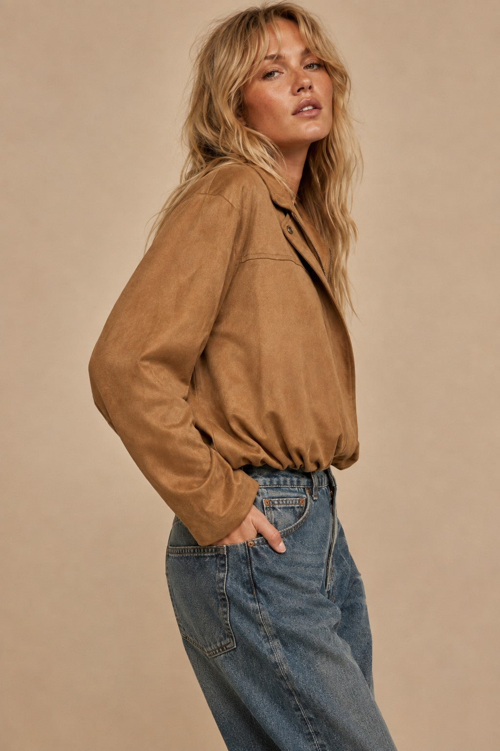 Eve Camel Cropped Faux Fur Bomber Jacket