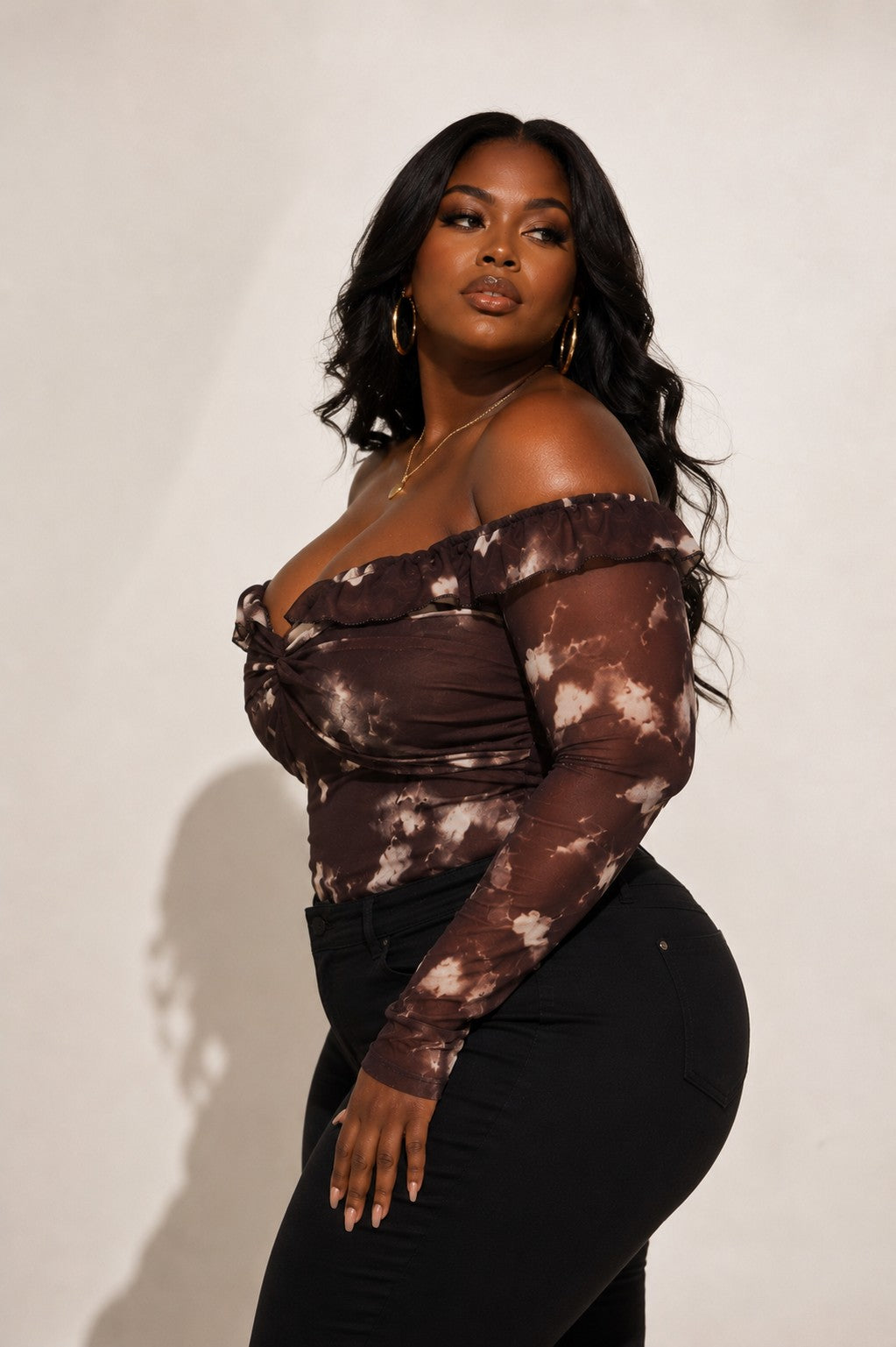 Plus Size Off Shoulder Mesh Twist Top – Brown Floral Print