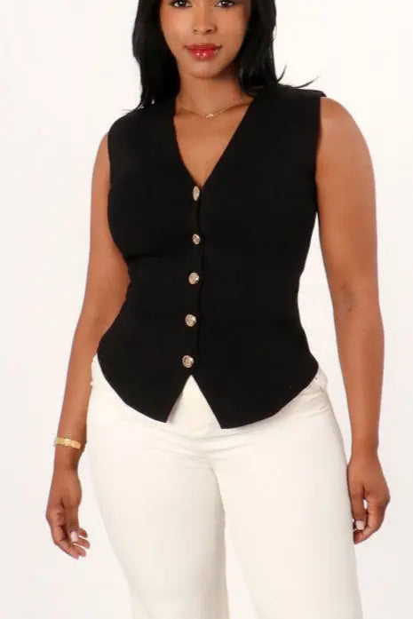 Sleeveless V-neck Line Button Down Knit Vest Top