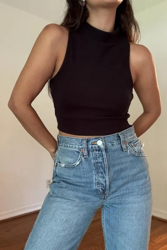 Soft Ribbed Mock Neck Women's Sleeveless Crop Top