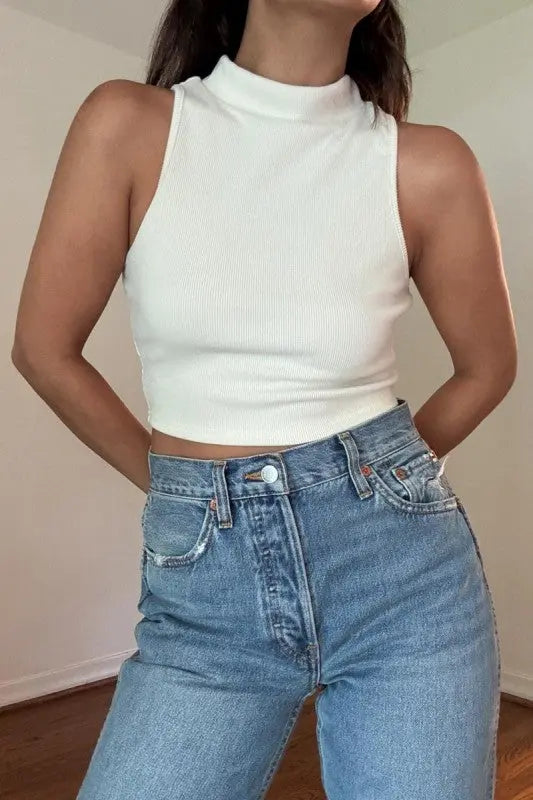 Soft Ribbed Mock Neck Women's Sleeveless Crop Top