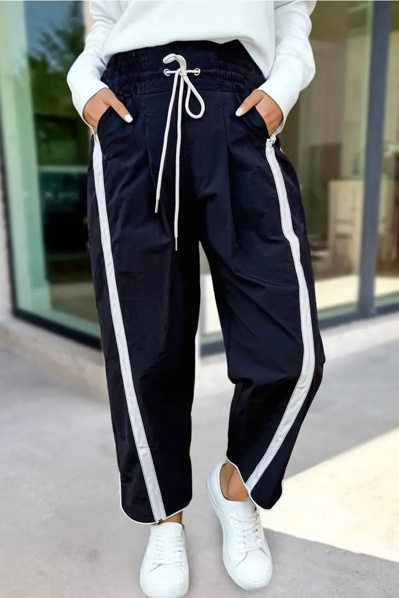 Stripe Smocked Waist Drawstring Cropped Pants