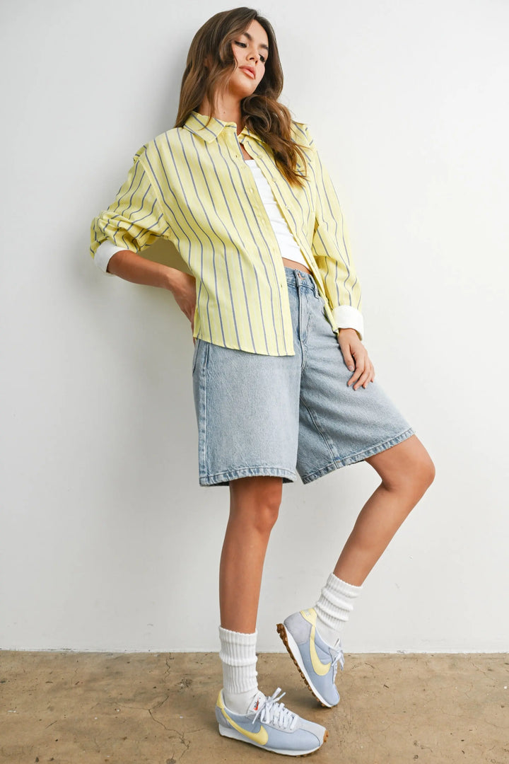 Striped long-sleeve button-up shirt in striped colorway, front view – FASON DE VIV