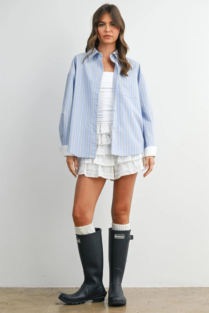 Light blue striped oversized button-up shirt styled with white mini skirt and rain boots – FASON DE VIV