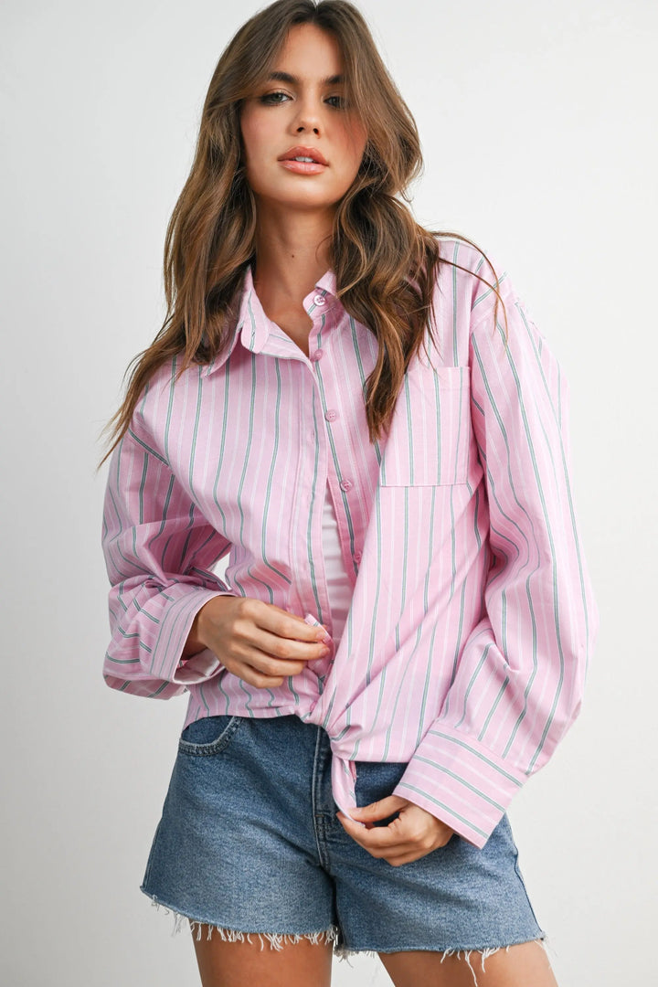 Pink striped long-sleeve button-up shirt, front view showing chest pocket and button detail – FASON DE VIV