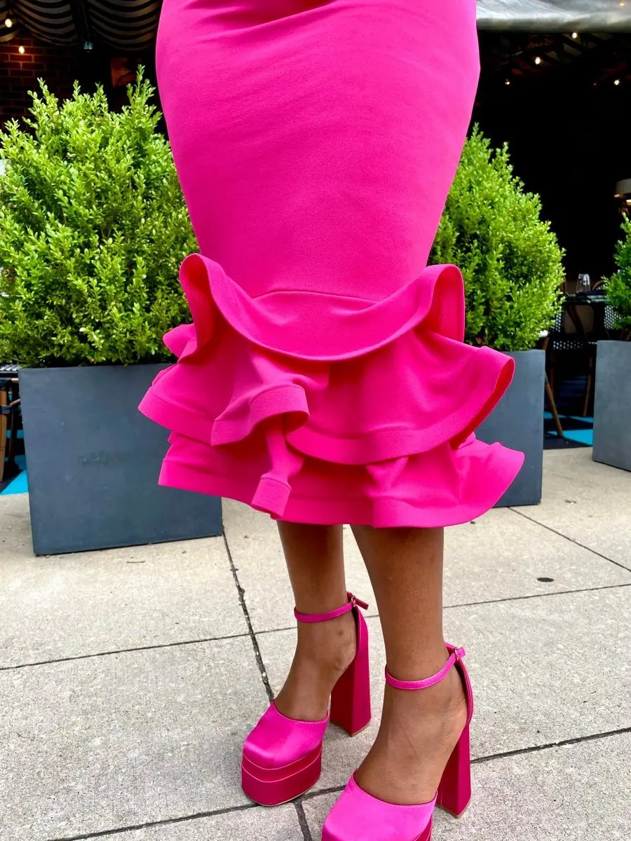 ZEN LAYERED RUFFLE HEM BODYCON MID DRESS - Fason De Viv