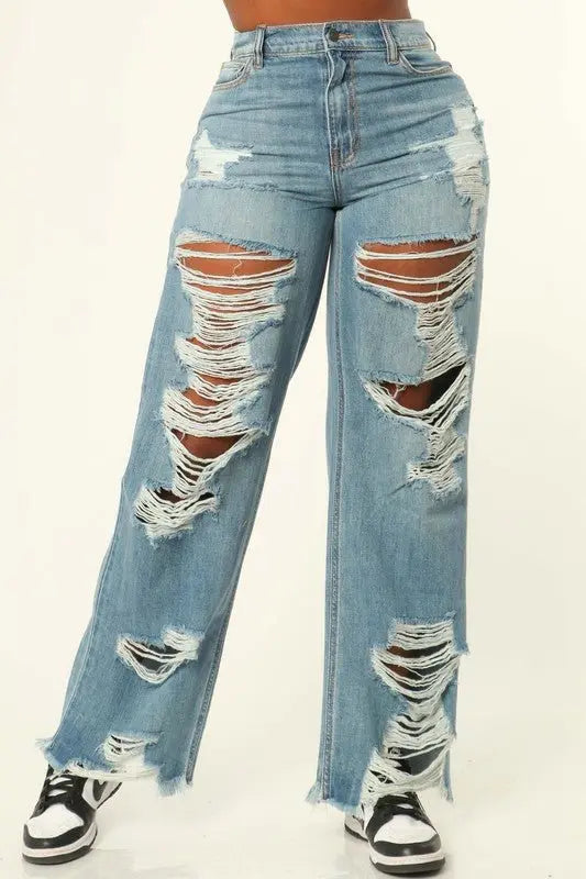 distressed jeans, wide-leg, ripped, high-waisted, streetwear