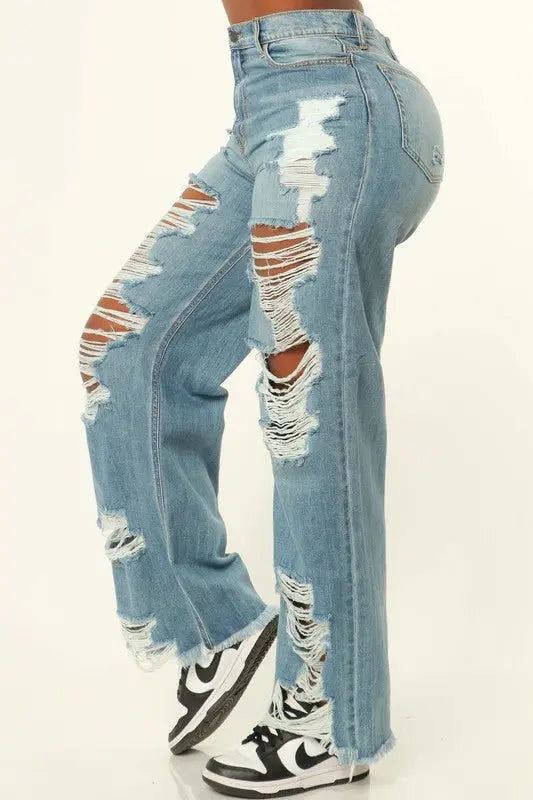 Women's distressed wide-leg ripped jeans – high-waisted, extreme ripped denim with a relaxed fit, perfect for casual streetwear