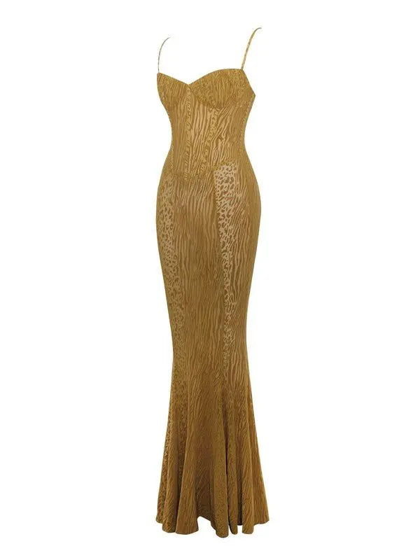 Zen Gold Burnout Velvet Detail Mesh Maxi Dress - Fason De Viv