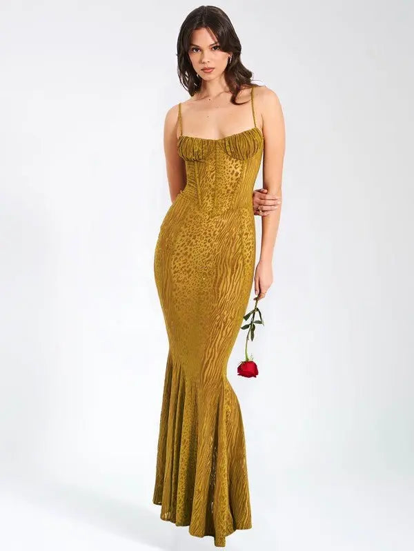 Zen Gold Burnout Velvet Detail Mesh Maxi Dress - Fason De Viv