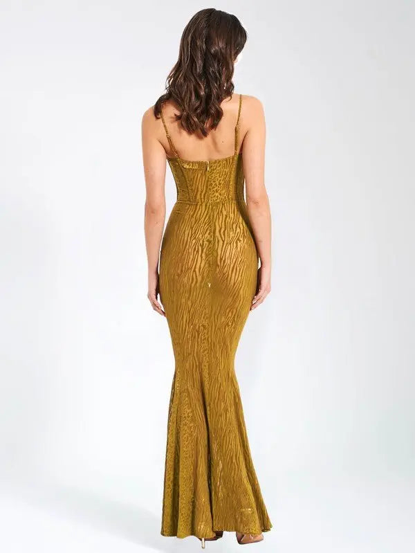 Zen Gold Burnout Velvet Detail Mesh Maxi Dress - Fason De Viv