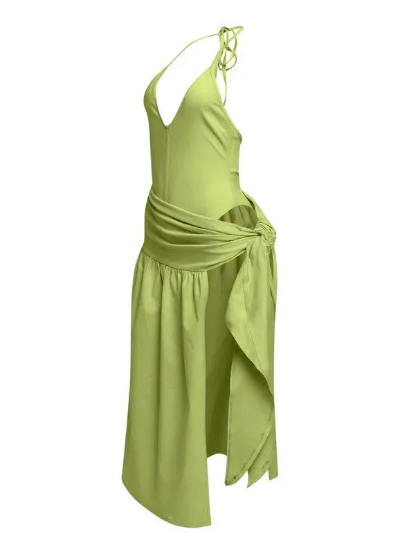 Zen One side open skirt halter neck midi dress - Fason De Viv